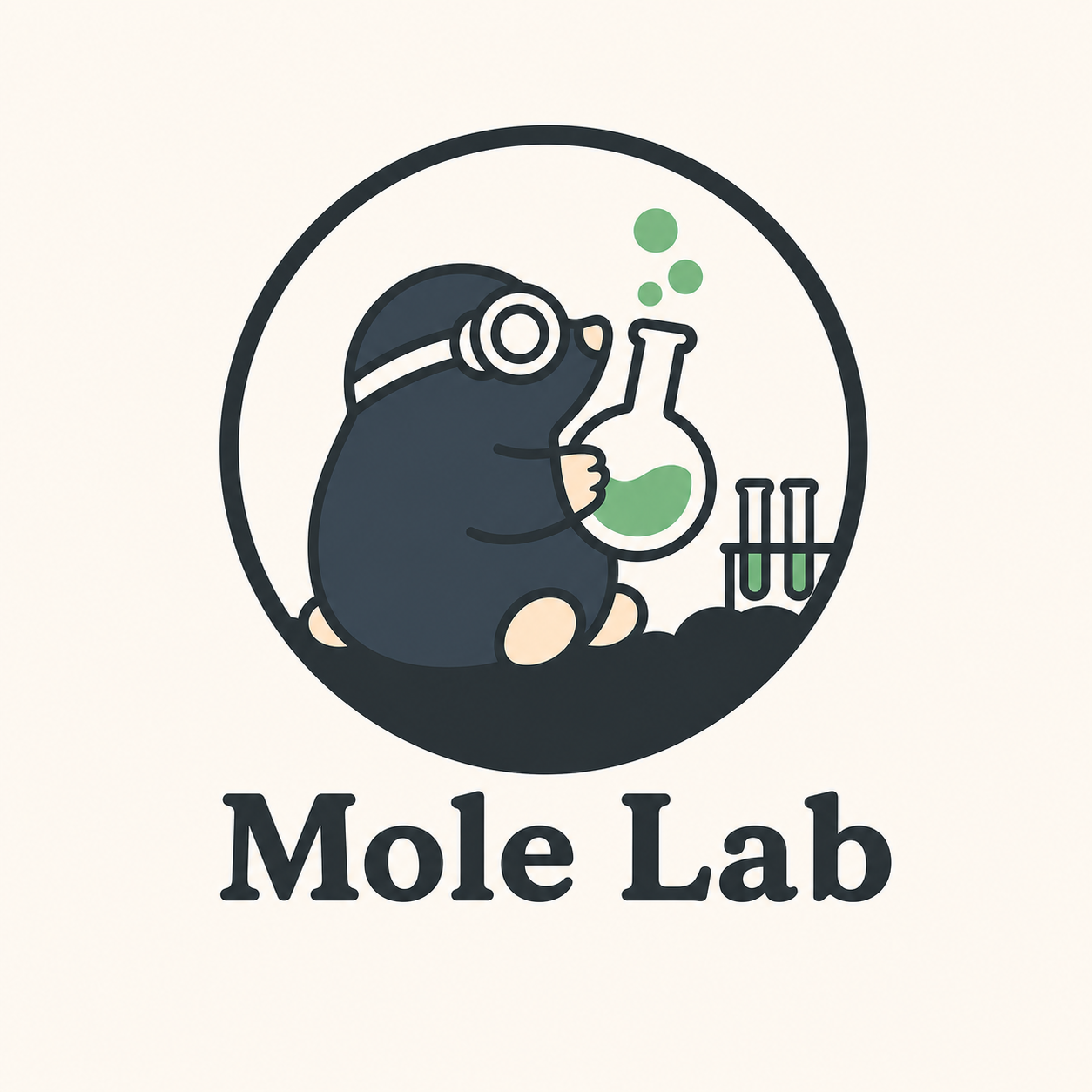 モグラ研究員と実験器具を描いたmole labのサークルロゴ